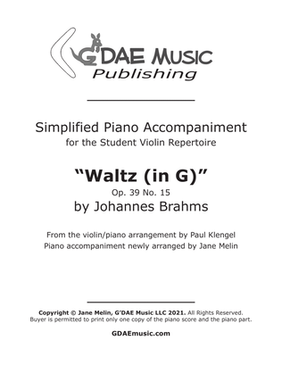 Book cover for Brahms - Waltz in G for Violin and Piano - Simplified Piano Accompaniment