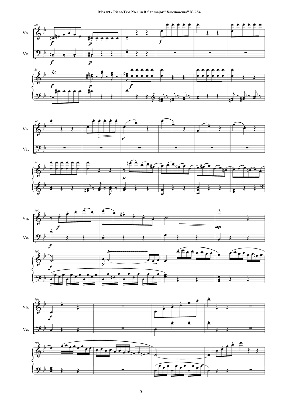 Mozart - Piano Trio No.1 in B flat (Divertimento) K 254 for Violin, Cello and Piano Piano Trio scores gallery preview page 5