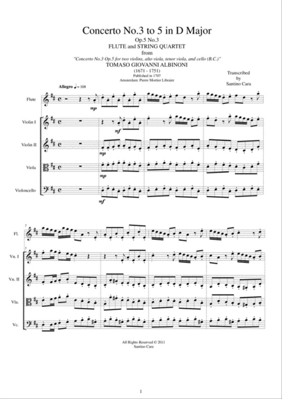 Albinoni - Concerto No.3 to 5 in D major Op.5 for Flute and String Quartet Chamber Orchestra scores gallery preview page 1
