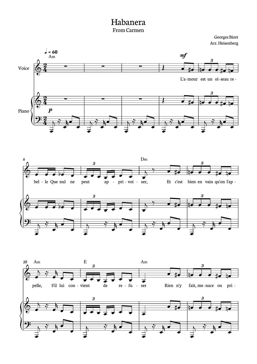 Habanera - Carmen for piano, chords and voice in A minor. Piano, Vocal scores gallery preview page 1