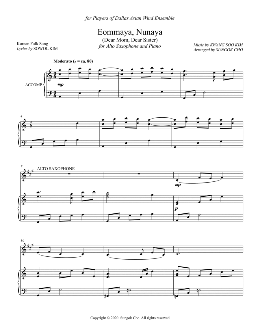 Korean Folk Song - Eommaya, Nunaya (Dear Mom, Dear Sister) Version 1 Alto Saxophone scores gallery preview page 1