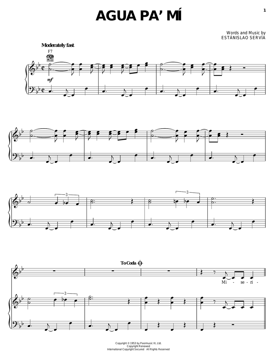Agua Pa' Mi Piano, Vocal, Guitar scores gallery preview page 1