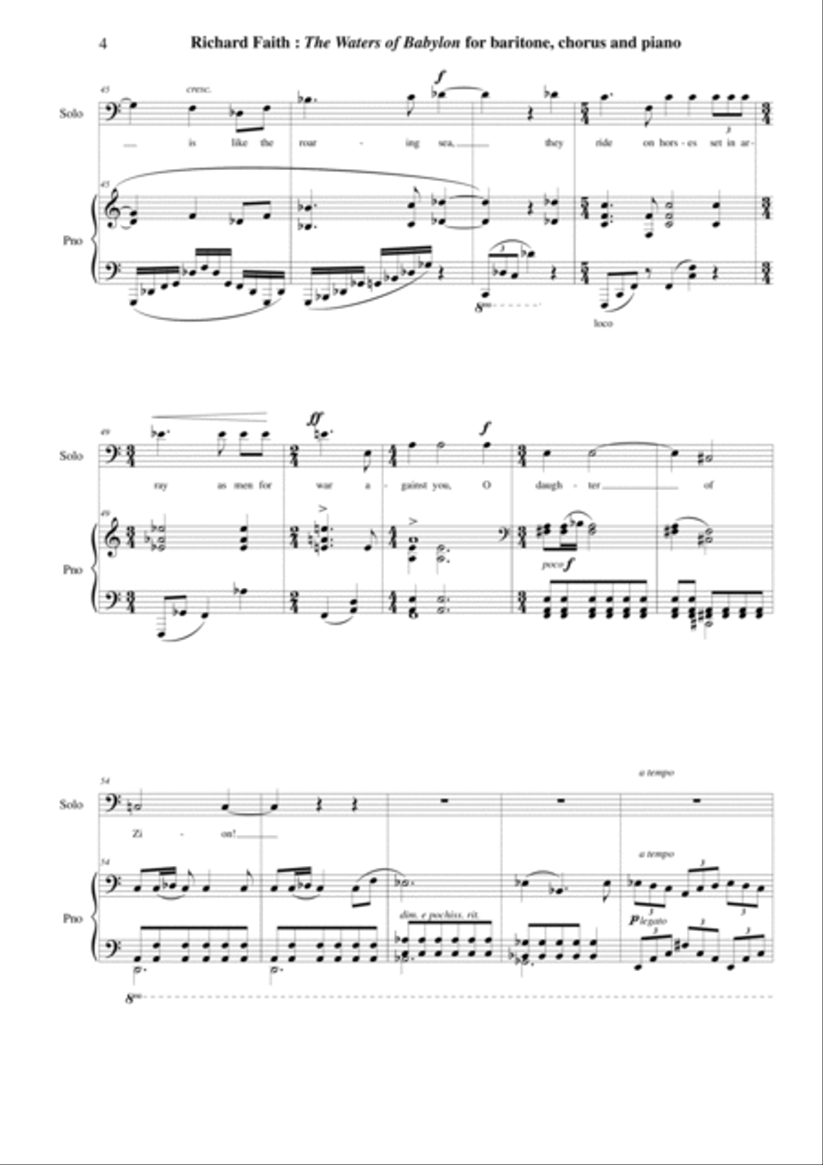 Richard Faith: The Waters of Babylon for baritone, SATB mixed chorus and piano: piano-vocal score 4-Part scores gallery preview page 4
