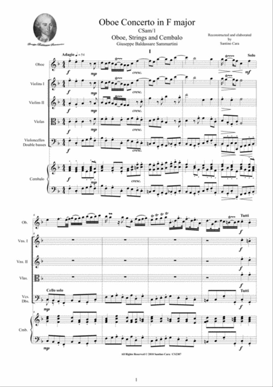 Sammartini - Oboe Concerto in F major No.1 for Oboe, Strings and Cembalo Chamber Orchestra scores gallery preview page 1