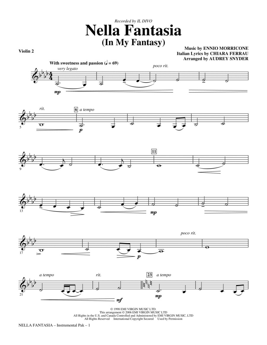 Nella Fantasia (In My Fantasy) (arr. Audrey Snyder) - Violin 2 Choir scores gallery preview page 1