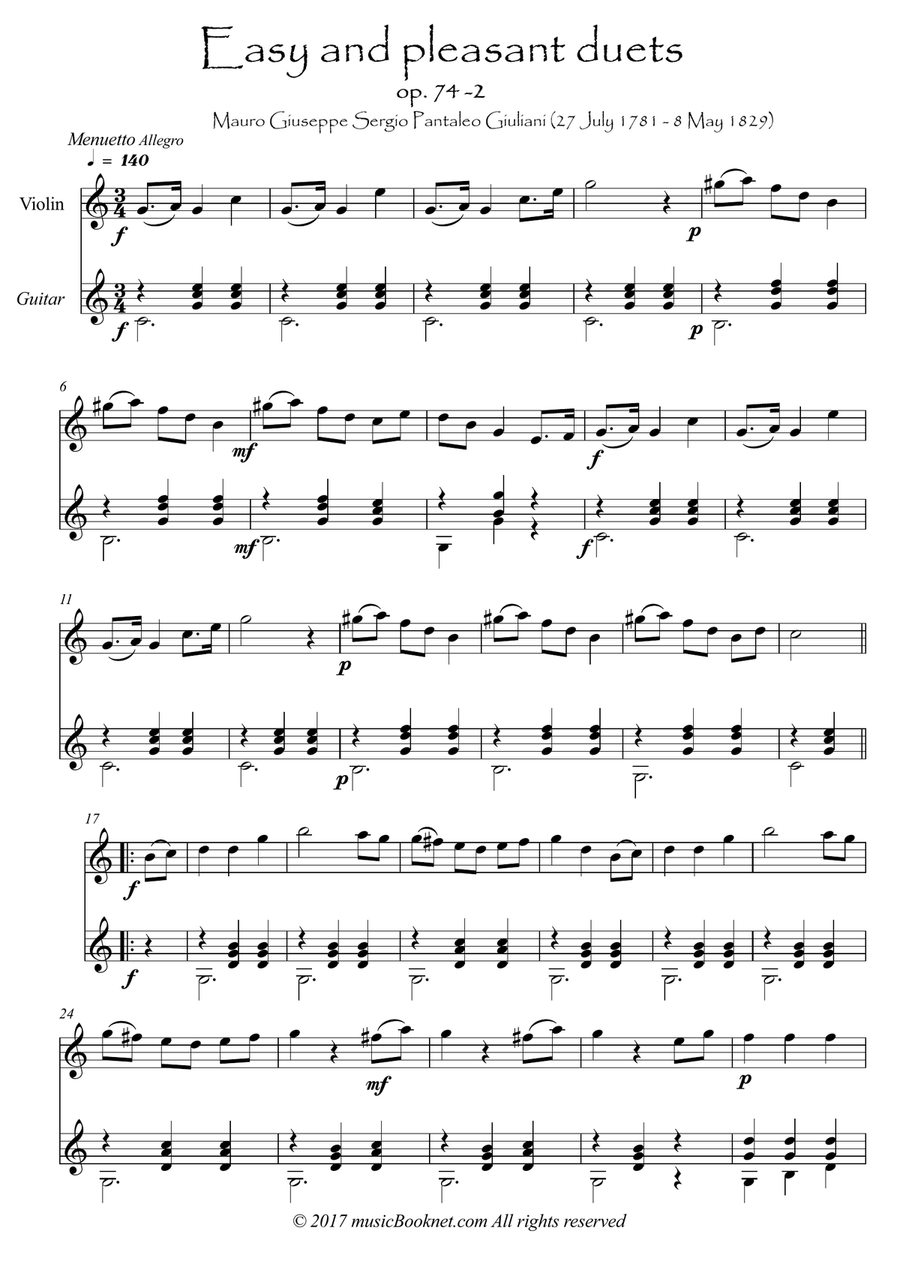 Easy Violin Guitar duets by Giuliani 74-2 String Duet scores gallery preview page 1