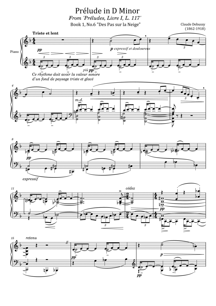 Debussy Preludes, Livre 1, L.117 Book 1, No.6 Des Pas sur la Neige - For Piano Solo Original image number null