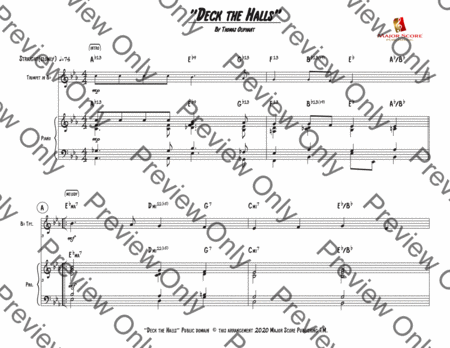 Deck the Halls - Bb TRUMPET & PIANO - Eb Major ( EASY KEY OF "F" FOR TRUMPET) image number null