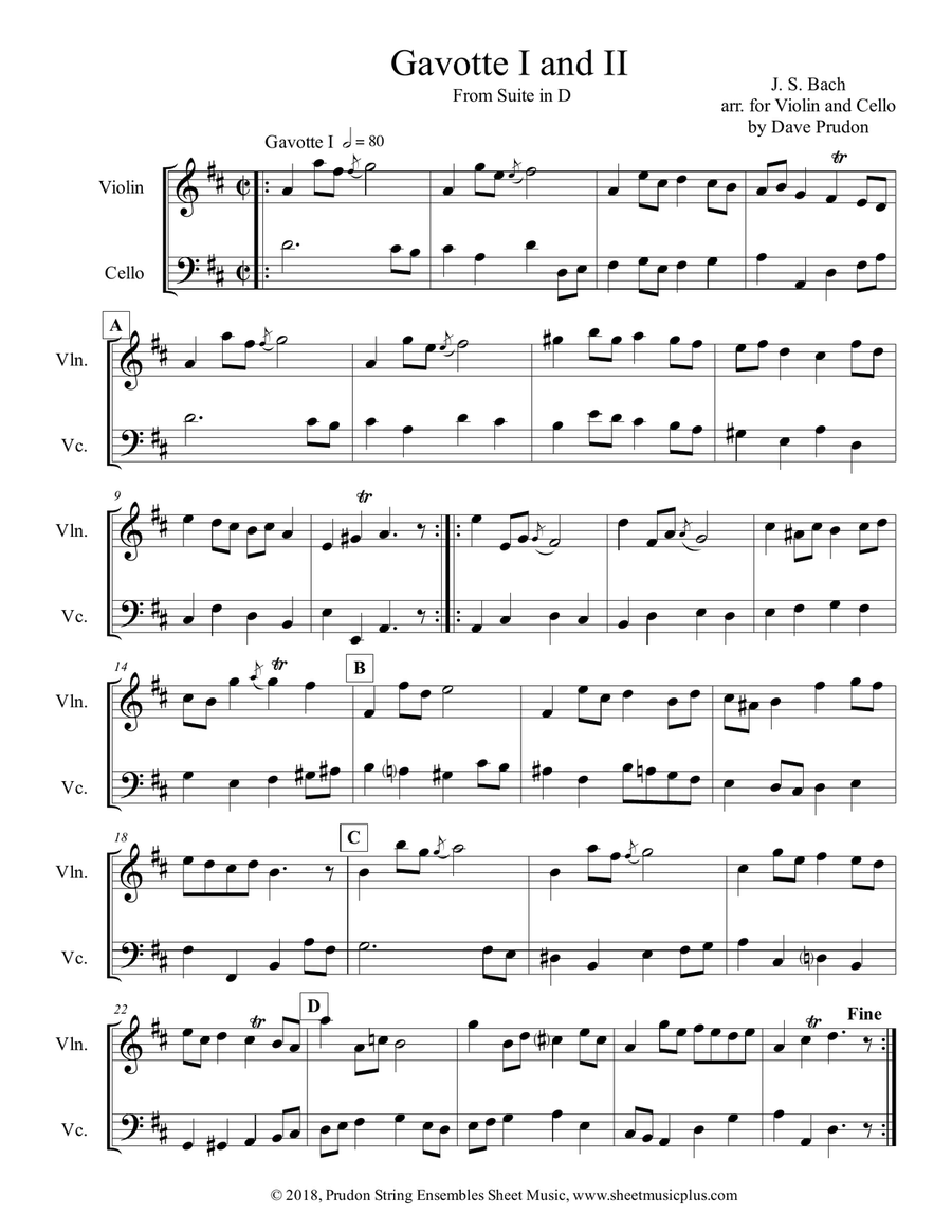 Bach Gavotte I & II for Violin & Cello String Duet scores gallery preview page 1