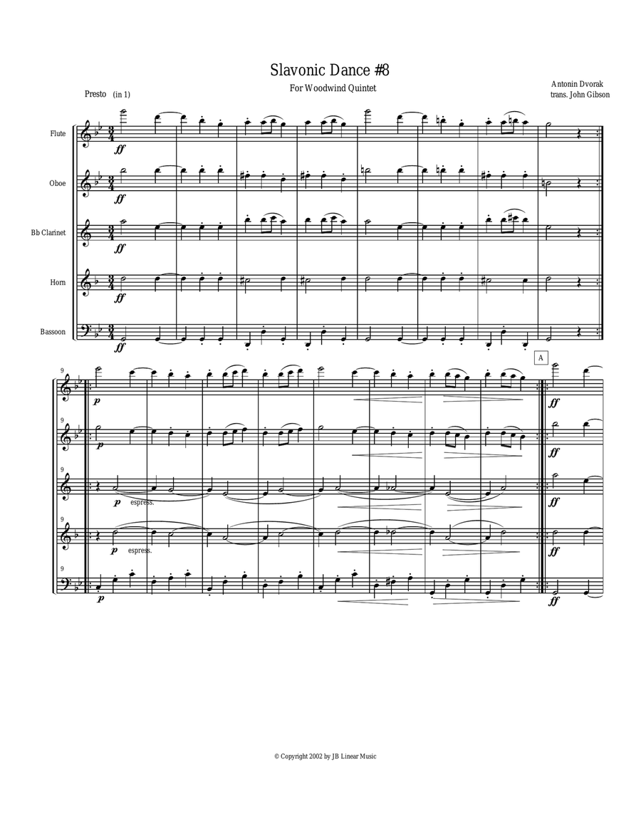 Dvorak Slavonic Dance #8 for Woodwind Quintet Woodwind Quintet scores gallery preview page 1