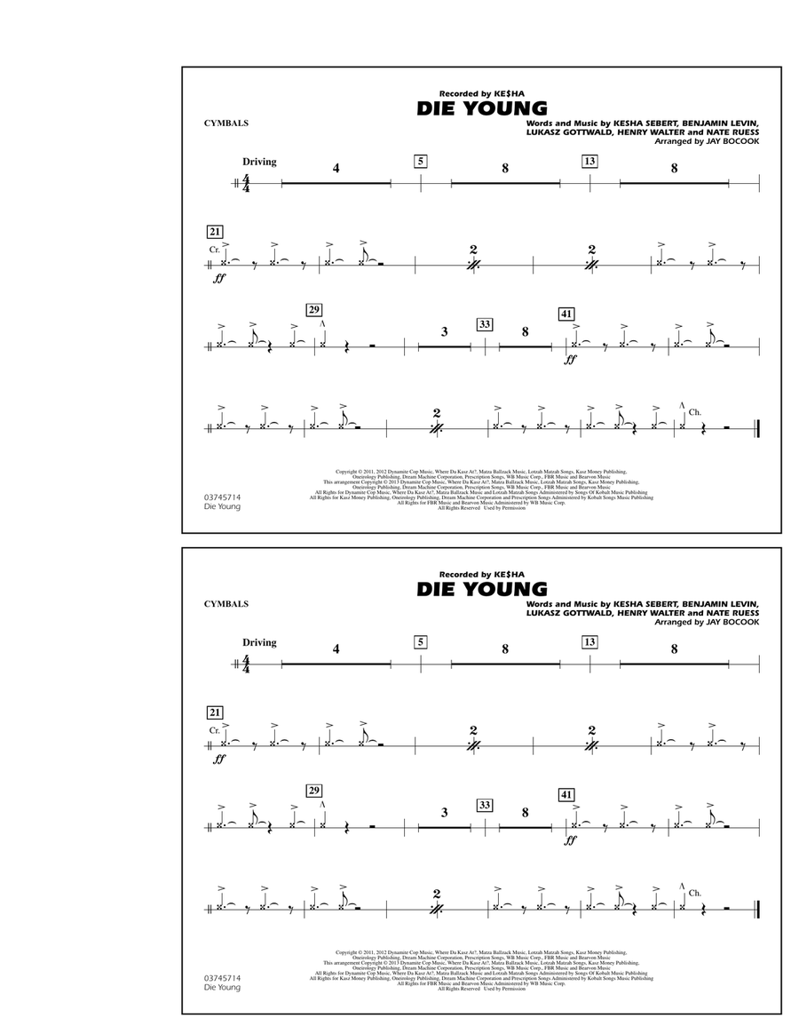 Die Young - Cymbals Marching Band scores gallery preview page 1