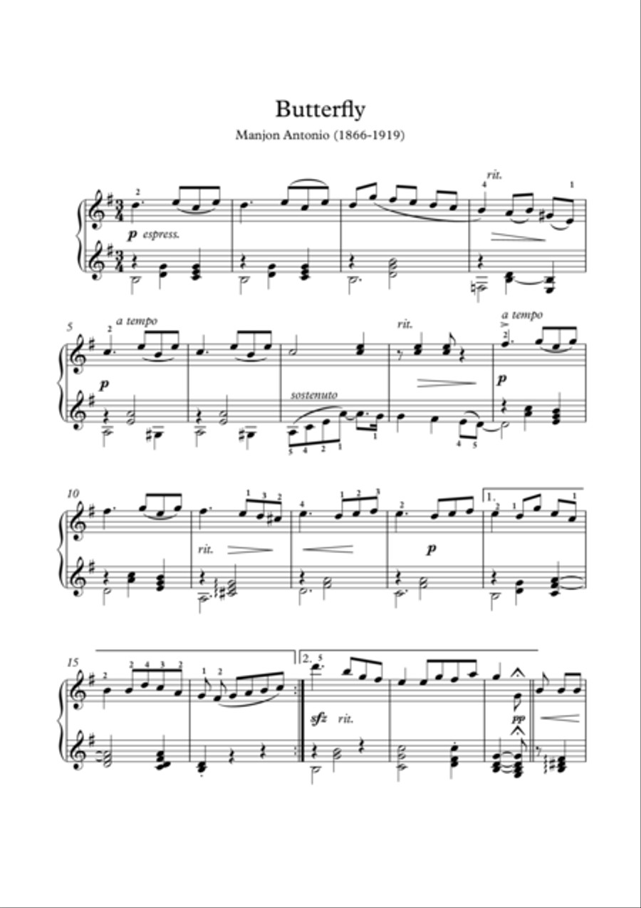 Butterfly a romantic solo by Antonio Manjon (1866-1919) Piano Solo scores gallery preview page 1