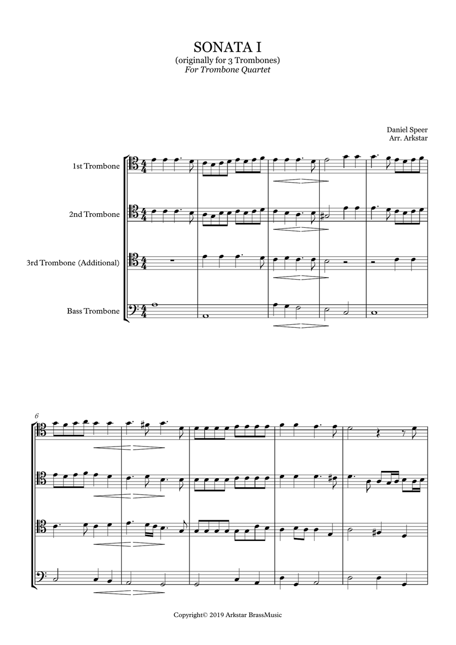 Speer: Sonata I for 3 Trombones of Two Sonatas, Trombone Quartet Arrangement Trombone Quartet scores gallery preview page 2