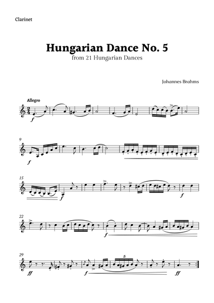 Hungarian Dance No. 5 by Brahms for Clarinet Solo image number null