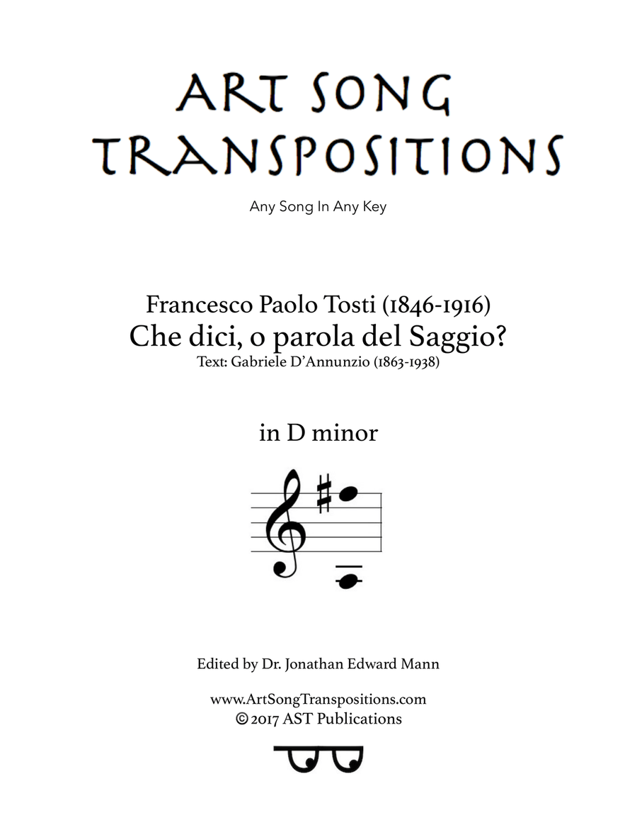 TOSTI: Che dici, o parola del Saggio? (transposed to D minor) Piano, Vocal scores gallery preview page 1