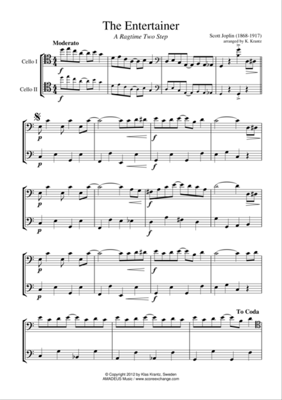 The Entertainer, Ragtime (easy, abridged) for cello duet String Duet scores gallery preview page 1
