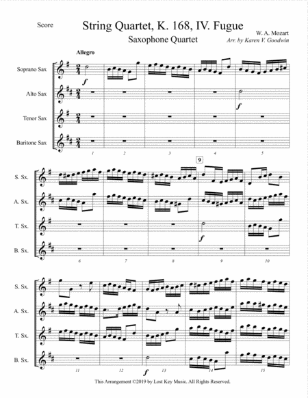 Mozart String Quartet, K. 168, IV. Fugue-Saxophone Quartet image number null