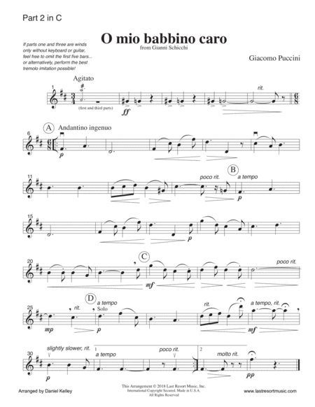 O Mio Babbino from Gianni Schicchi for Wind Quartet (or Clarinet Quartet) (or Mixed Quartet) with Op
