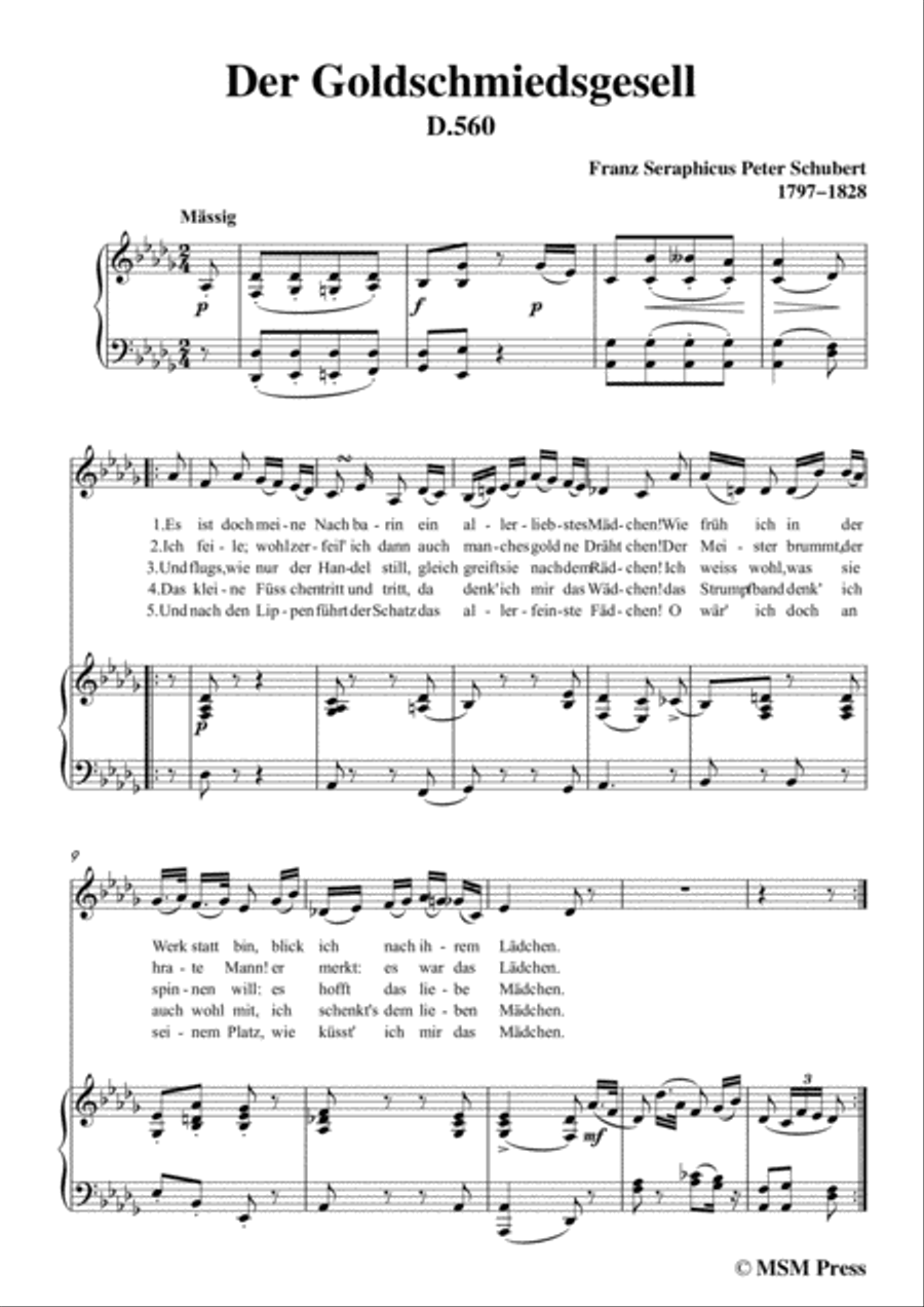 Schubert-Der Goldschmiedsgesellc,in D flat Major,D.560,for Voice and Piano Voice Solo scores gallery preview page 3