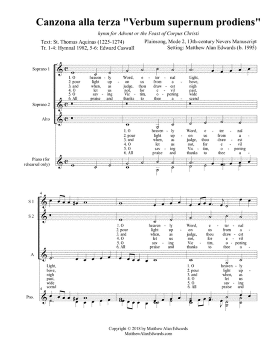 Op. 7 Canzona alla terza "Verbum supernum prodiens" (SSA/TTB, English)