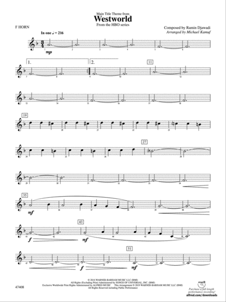 Main Title Theme from Westworld: 1st F Horn Concert Band scores gallery preview page 1