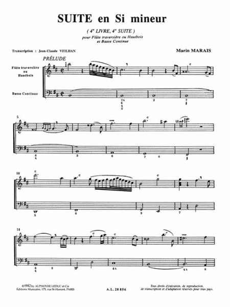 Marin Suite In B Minor 4eme Livre Flute Oboe & Basso Continuo Book