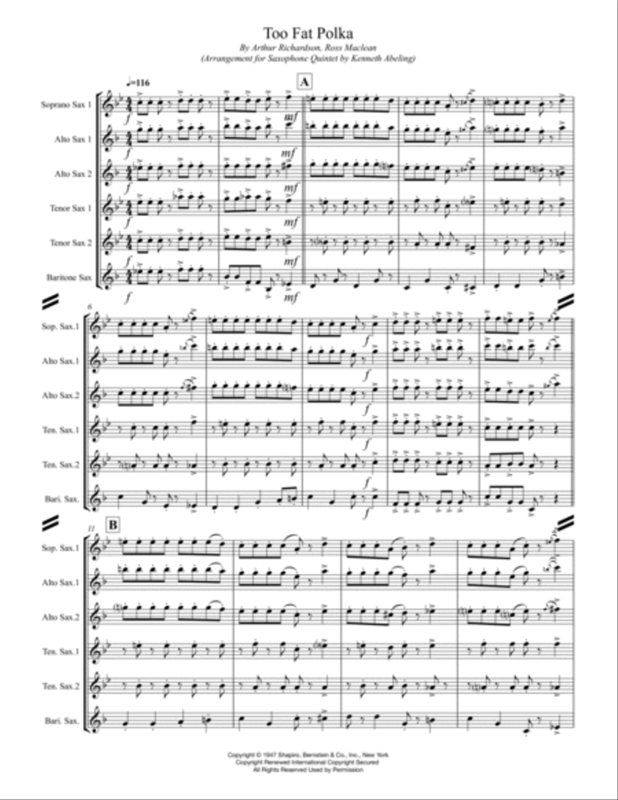 Too Fat Polka (she's Too Fat For Me) Saxophone Quintet scores gallery preview page 2