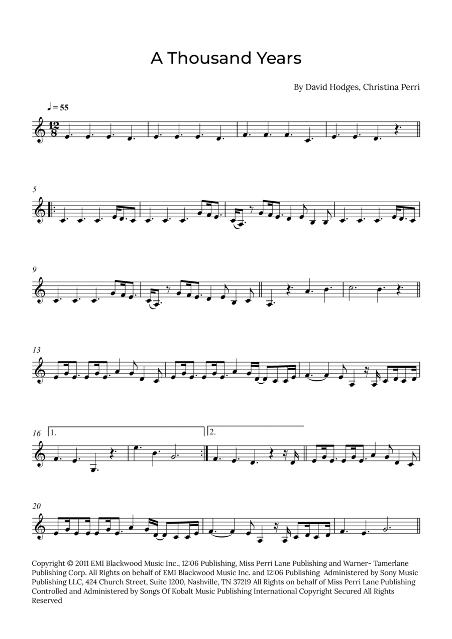 A Thousand Years B-Flat Clarinet scores gallery preview page 1