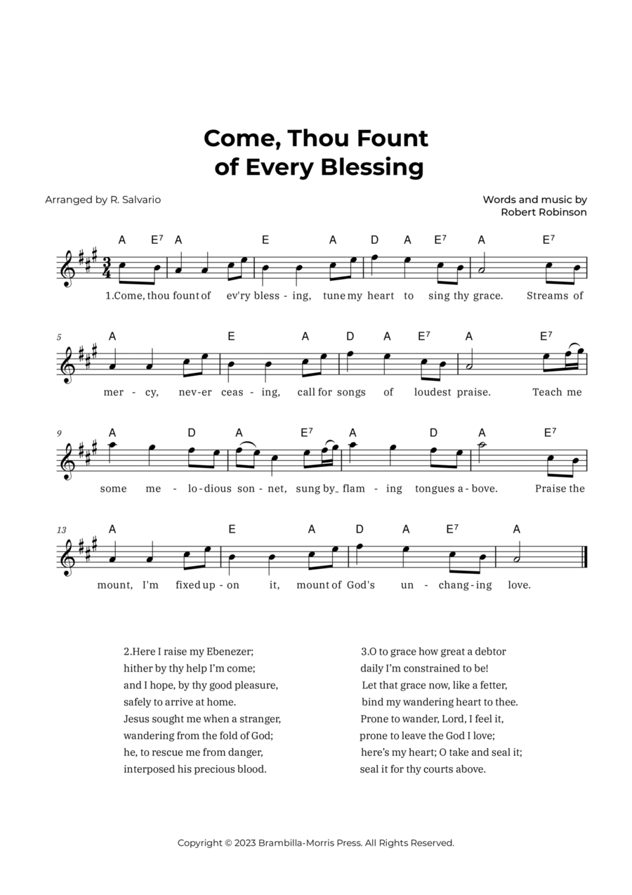 Come Thou Fount of Every Blessing (Key of A Major) Piano scores gallery preview page 1