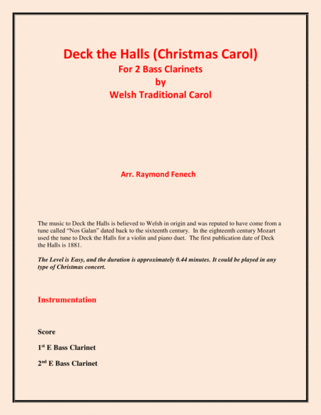 Deck the Halls - Welsh Traditional - Chamber music - Woodwind - 2 Bass Clarinets Easy level image number null
