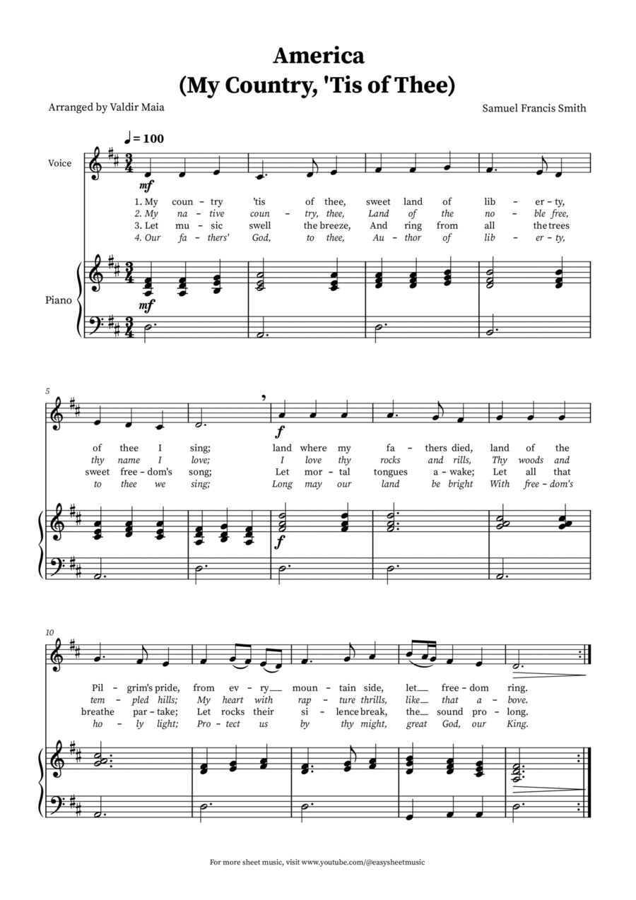 America (My Country, 'Tis of Thee) Voice and Piano in D Voice Solo