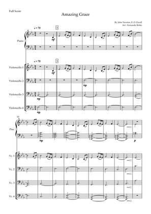 Amazing Grace (John Newton, E. O. Excell) for Cello Quartet and Piano Accompaniment with Chords