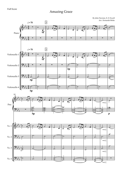 Amazing Grace (John Newton, E. O. Excell) for Cello Quartet and Piano Accompaniment with Chords image number null