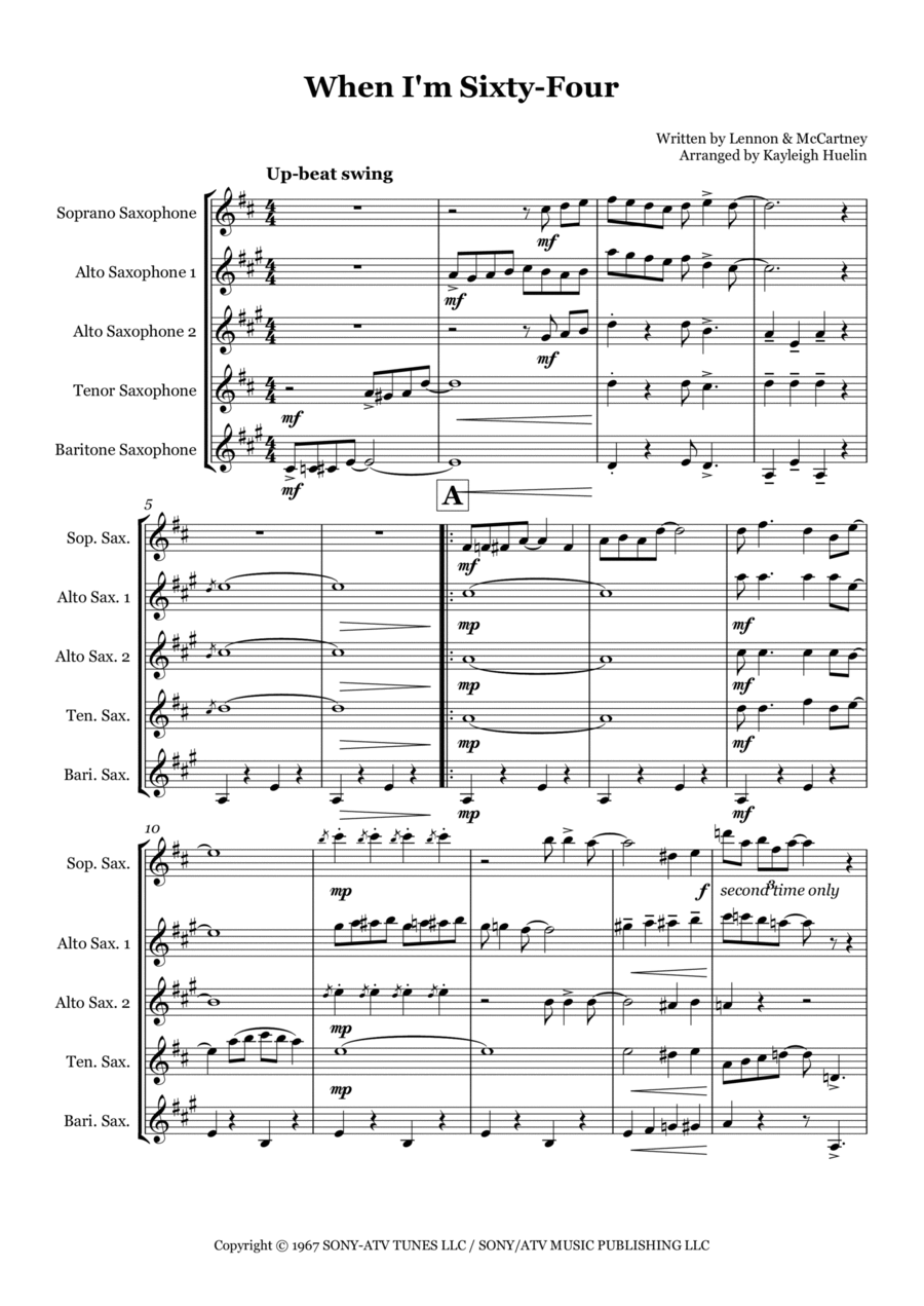 When I'm Sixty-four Saxophone Quintet scores gallery preview page 1