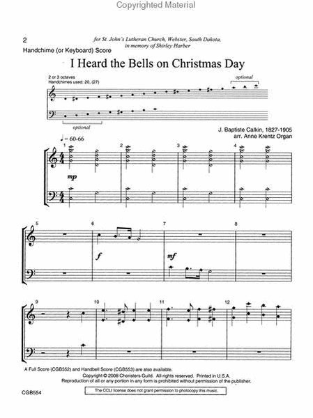 I Heard the Bells on Christmas Day - Handchime Score image number null