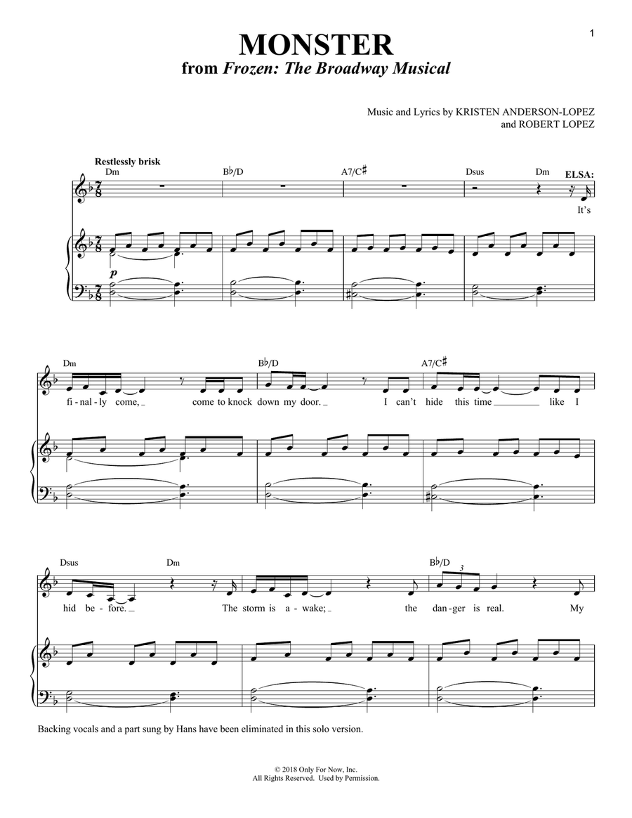 Monster [Solo version] (from Frozen: The Broadway Musical) Mezzo-Soprano Voice scores gallery preview page 1