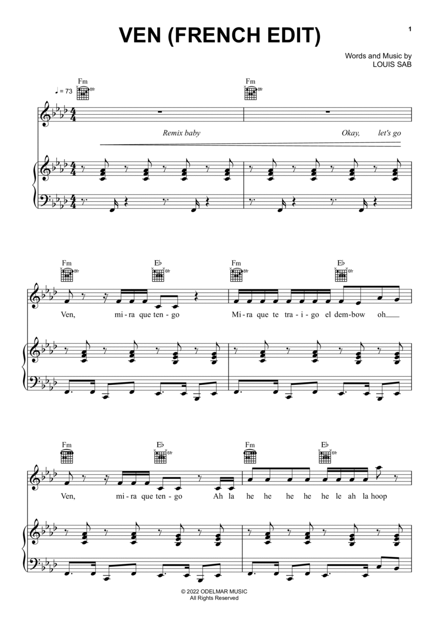 Ven (French Edit) Ven (French Edit) Piano, Vocal, Guitar scores gallery preview page 1