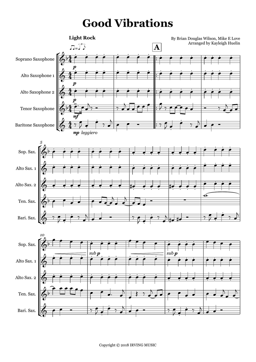 Good Vibrations by The Beach Boys Saxophone Quintet - Digital Sheet Music