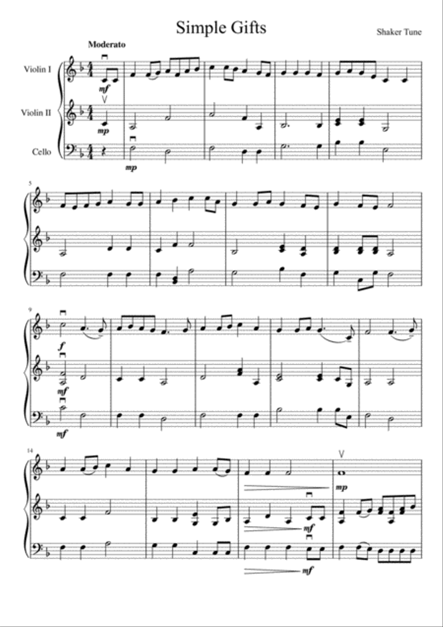 Simple Gifts (two violins and cello) String Trio scores gallery preview page 2