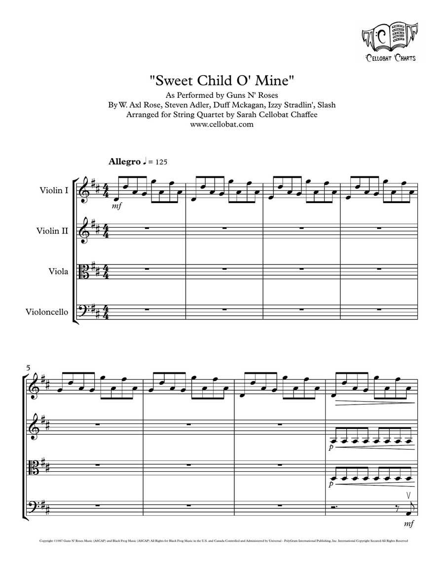 Sweet Child O' Mine String Quartet scores gallery preview page 1