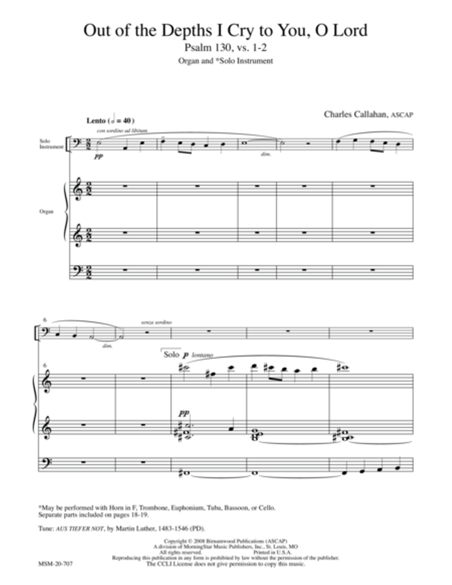 Psalm 130: Out of the Depths I Cry to You, O Lord Organ scores gallery preview page 1