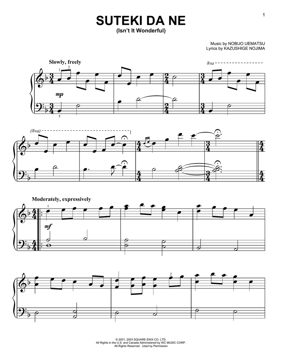 Suteki Da Ne (Isn't It Wonderful) (from Final Fantasy X) Easy Piano scores gallery preview page 1