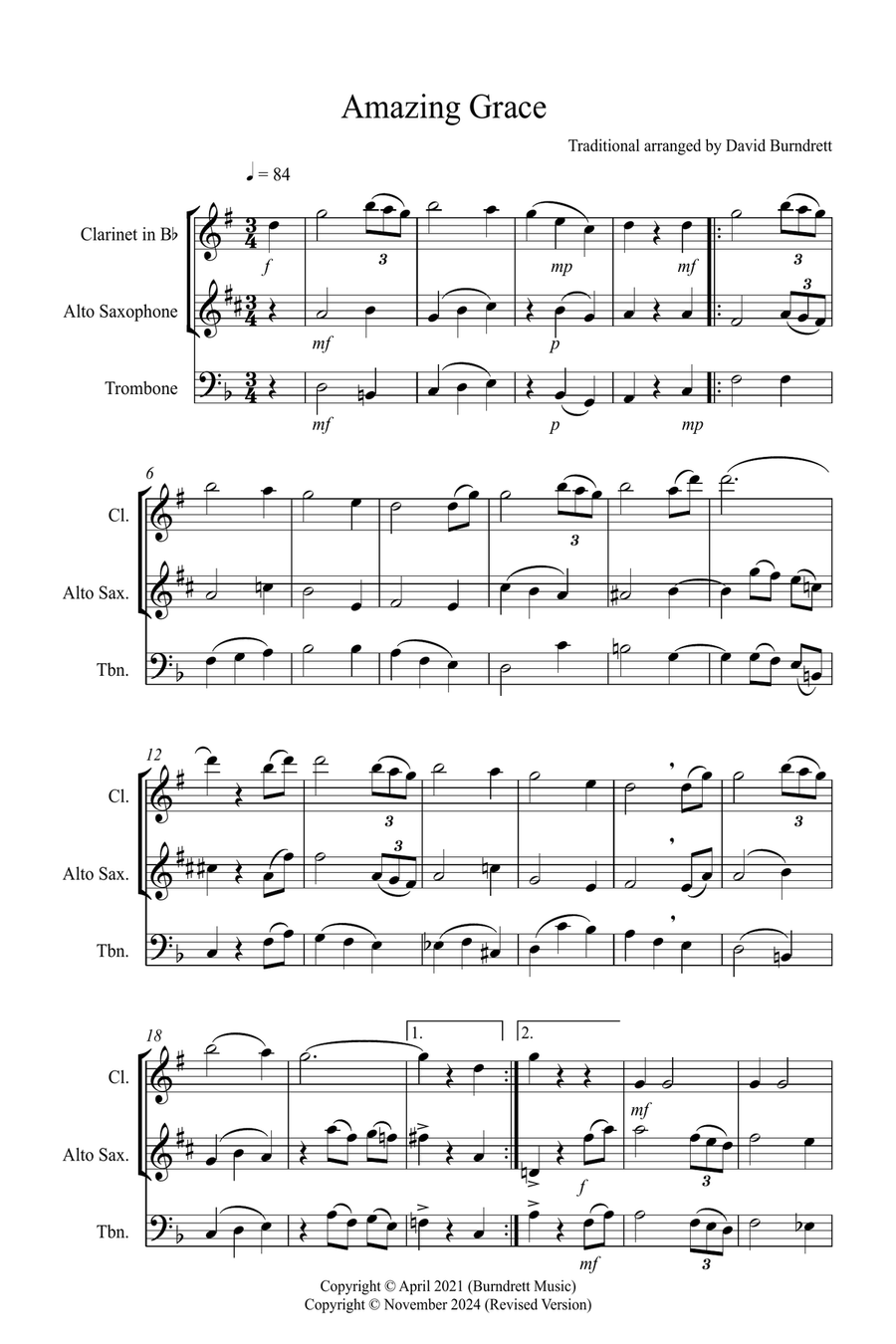 Amazing Grace for Clarinet, Alto Saxophone and Trombone Trio
