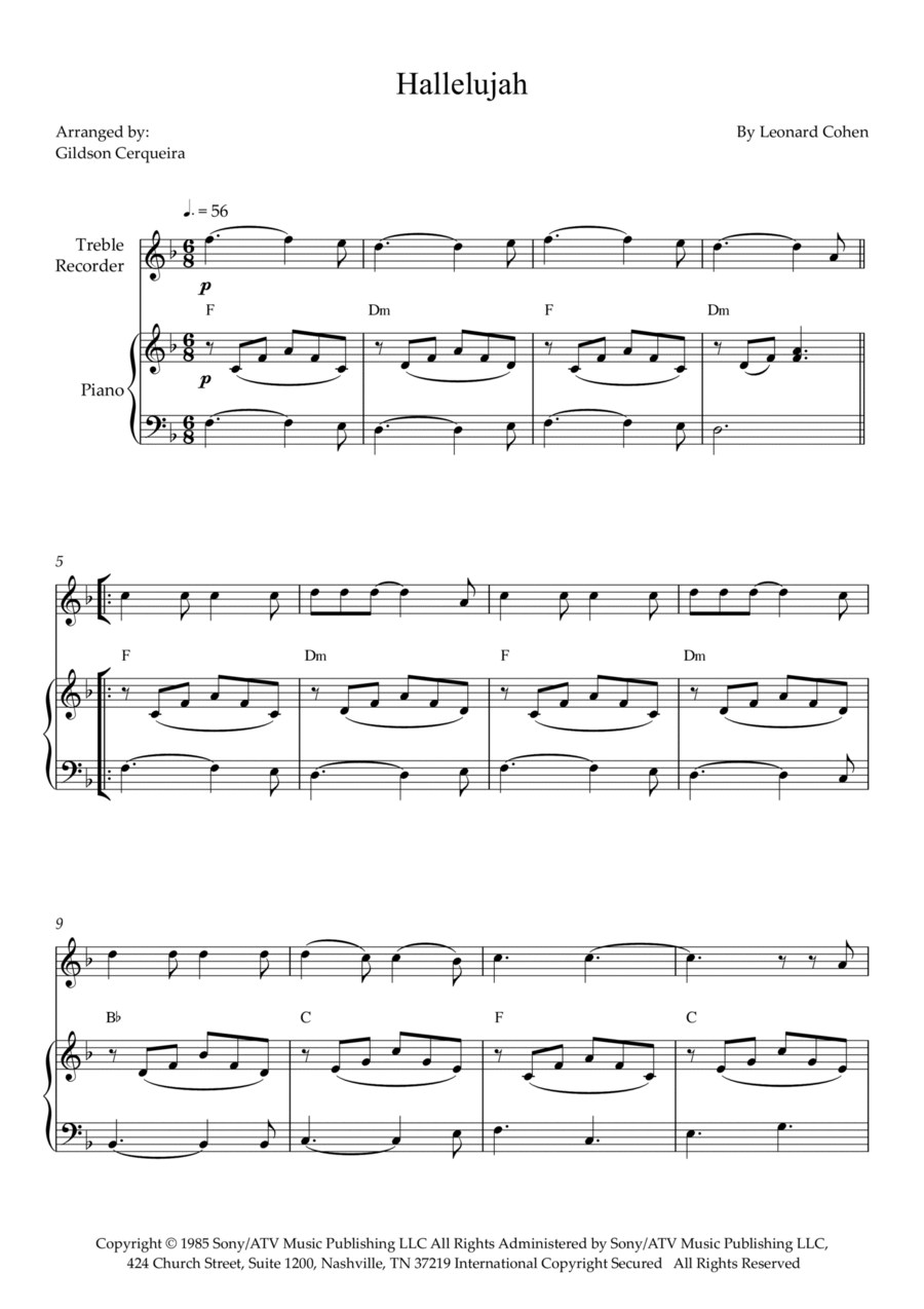 Hallelujah Alto Recorder scores gallery preview page 1