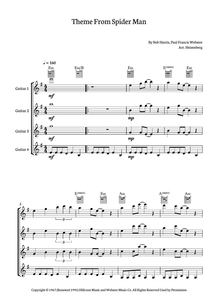 Theme From Spider Man Guitar Ensemble scores gallery preview page 1
