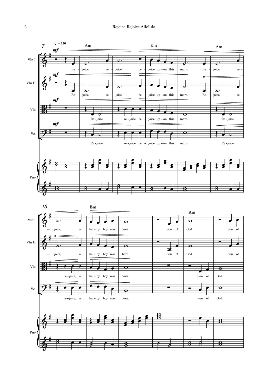 Rejoice Rejoice Alleluia (A Baby Boy Was Born) strings quartet with optional piano & with part pages Piano Quartet scores gallery preview page 2