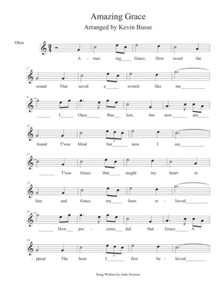 Amazing Grace - (In the easy key of C) - Oboe