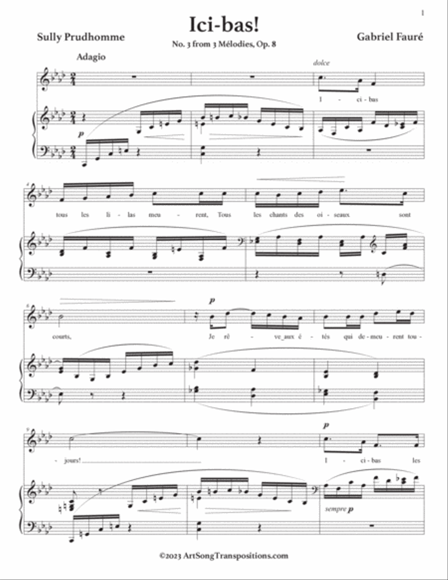 FAURÉ: Ici-bas! Op. 8 no. 3 (transposed to F minor, E minor, and E-flat minor) Voice scores gallery preview page 2