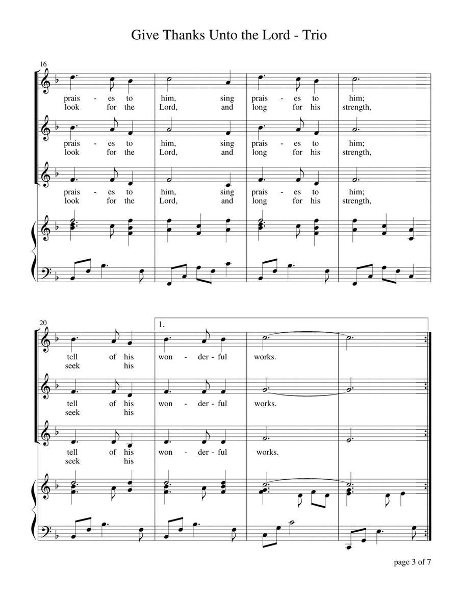 Give Thanks Unto the Lord (for SAA Trio with Piano Accompaniment) Small Ensemble scores gallery preview page 4