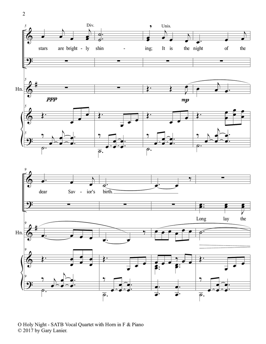 O HOLY NIGHT (SATB Vocal Quartet with Horn in F & Piano - Score & Parts included) 4-Part scores gallery preview page 3